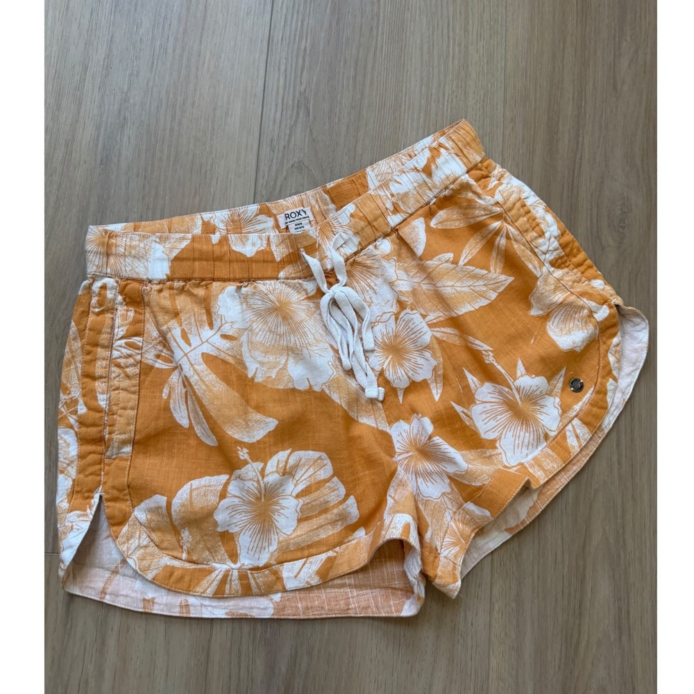 Roxy Orange Hibiscus Floral Print Drawstring Dolphin Shorts Womens Medium